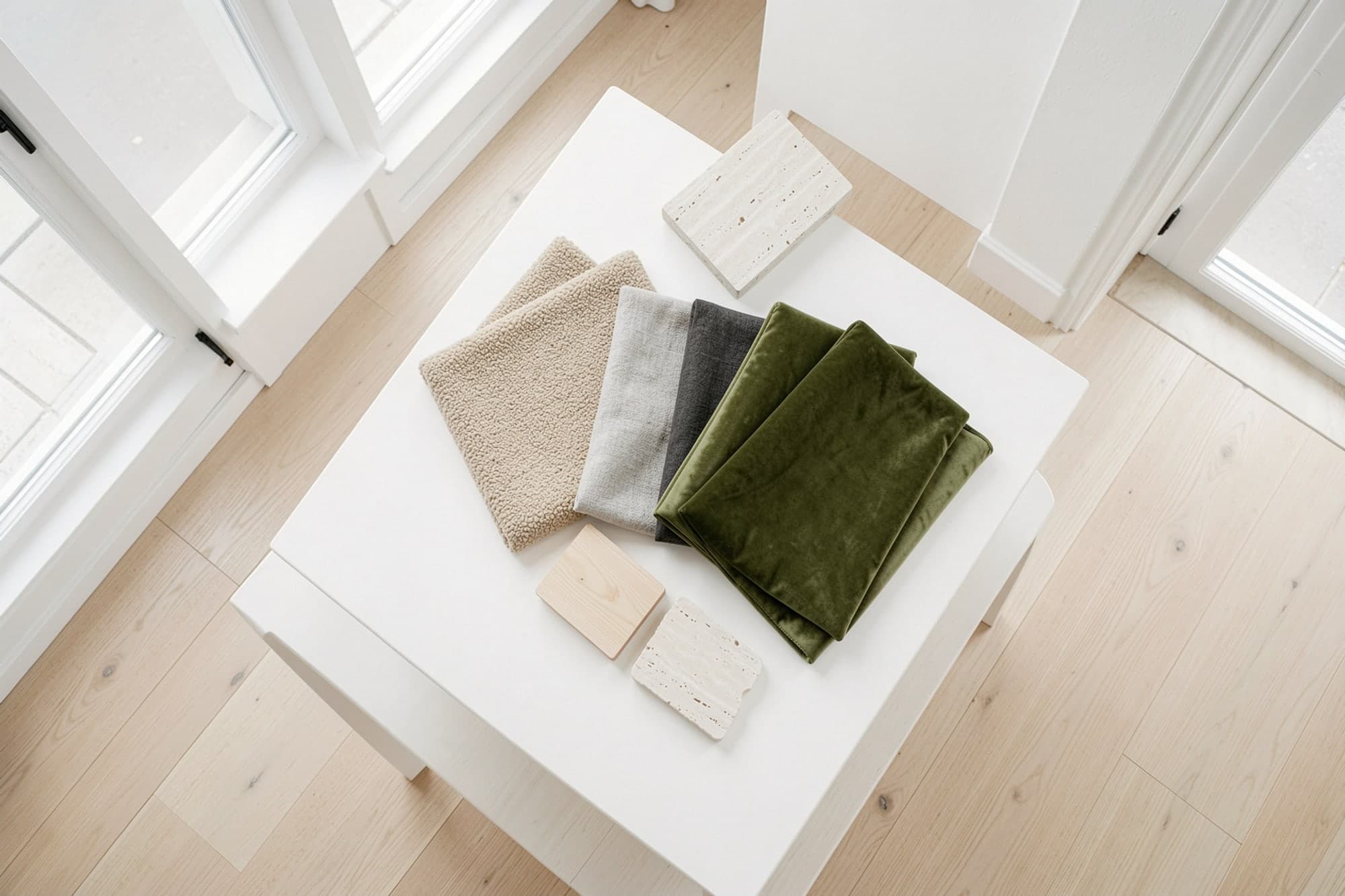 Boucle, linen and velvet swatches with ash and travertine samples on a white table