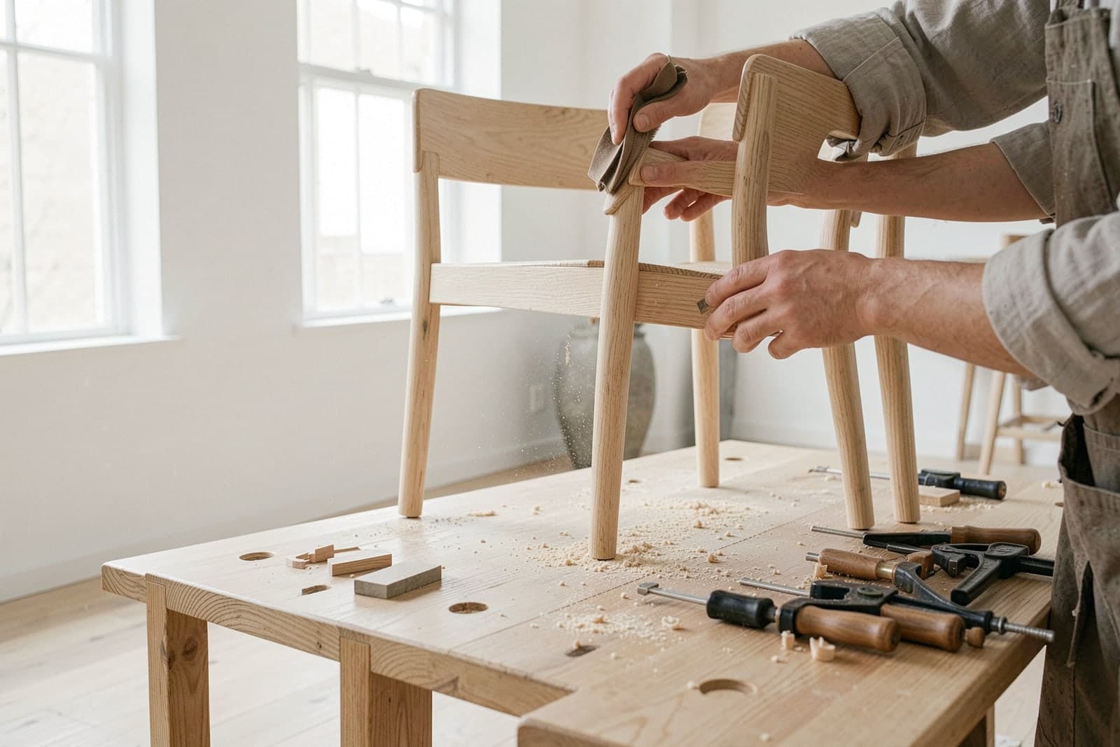 Hands sanding the leg of a solid ash chair on a workshop bench