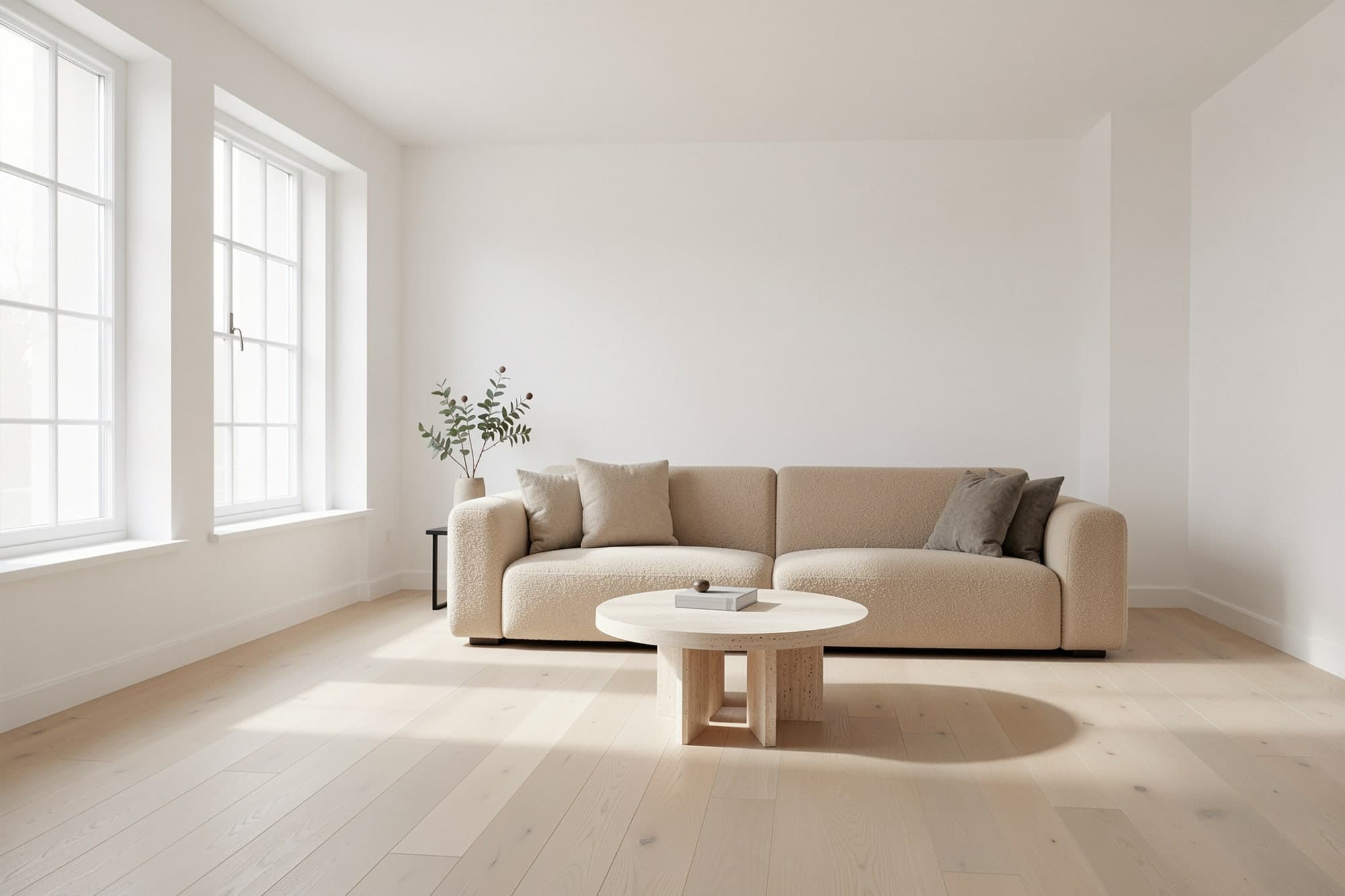 A low oat boucle sofa and a round travertine coffee table in a bright living room