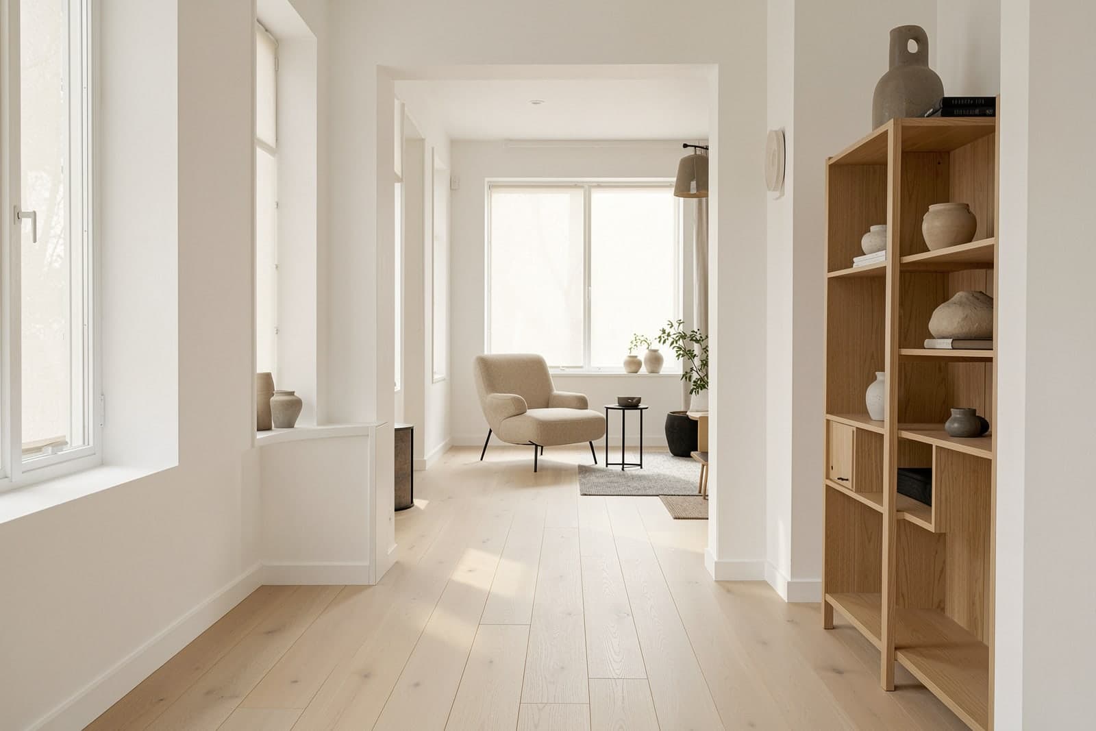 A bright hallway opening onto a lounge chair, a steel side table and ash shelving